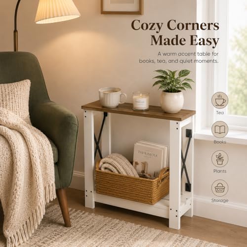 ZEXVIDA Narrow Side Table, 6.6" Ultra Slim End Table for Small Spaces, Farmhouse Wood Accent Table with 2 Tier Storage, Space-Saving Gap Organizer for Living Room Bedroom,White/Oak by ZEXVIDA - Used condition - Image 6