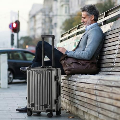 Image of 20 Inch Aluminium Frame Carry On 22x14x9 Airline Approved With compartment, Zipperless Hard Shell Travel Suitcase with TSA Approved Cup Holder USB Port Holder for Women Men,Grey