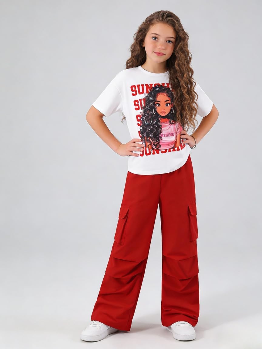 Tween Girls Clothes Short Sleeve Graphic T-Shirt Top + Cargo Pants 2pcs Outfit Set, Size 7-15Years
