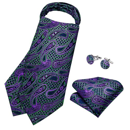 Image of DiBanGu 3PCS Ascot Ties for Men Wedding Jacquard Woven Silk Ascot Cravat for Men Cravat Tie and Pocket Square Set