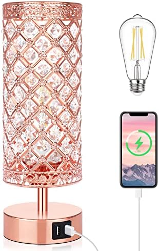 Crystal Touch Control Table Lamp, Rose Gold Dimmable K9 Crystal Bedside Nightstand Lamps with USB Charging Ports, Small Pink Decorative Night Lights for Bedroom Living Room, 4000K White Bulb
