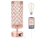 Crystal Touch Control Table Lamp, Rose Gold Dimmable K9 Crystal Bedside Nightstand Lamps with USB Ch