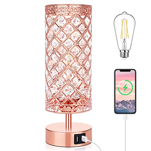 Crystal Touch Control Table Lamp, Rose Gold Dimmable K9 Crystal Bedside Nightstand Lamps With Usb Charging Ports, Small Pink Decorative Night Lights For Bedroom Living Room, 4000K White Bulb #TOP4