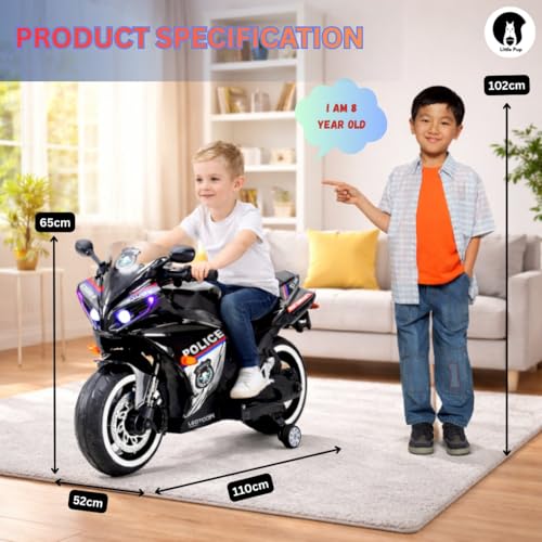 Image of LITTLE PUP 12V Battery Operated Ride on Bike for Kids of Age 2 to 8 Years- Electric Rechargeable Kids Bike with Hand Race, Music,Led Lights - (Black)