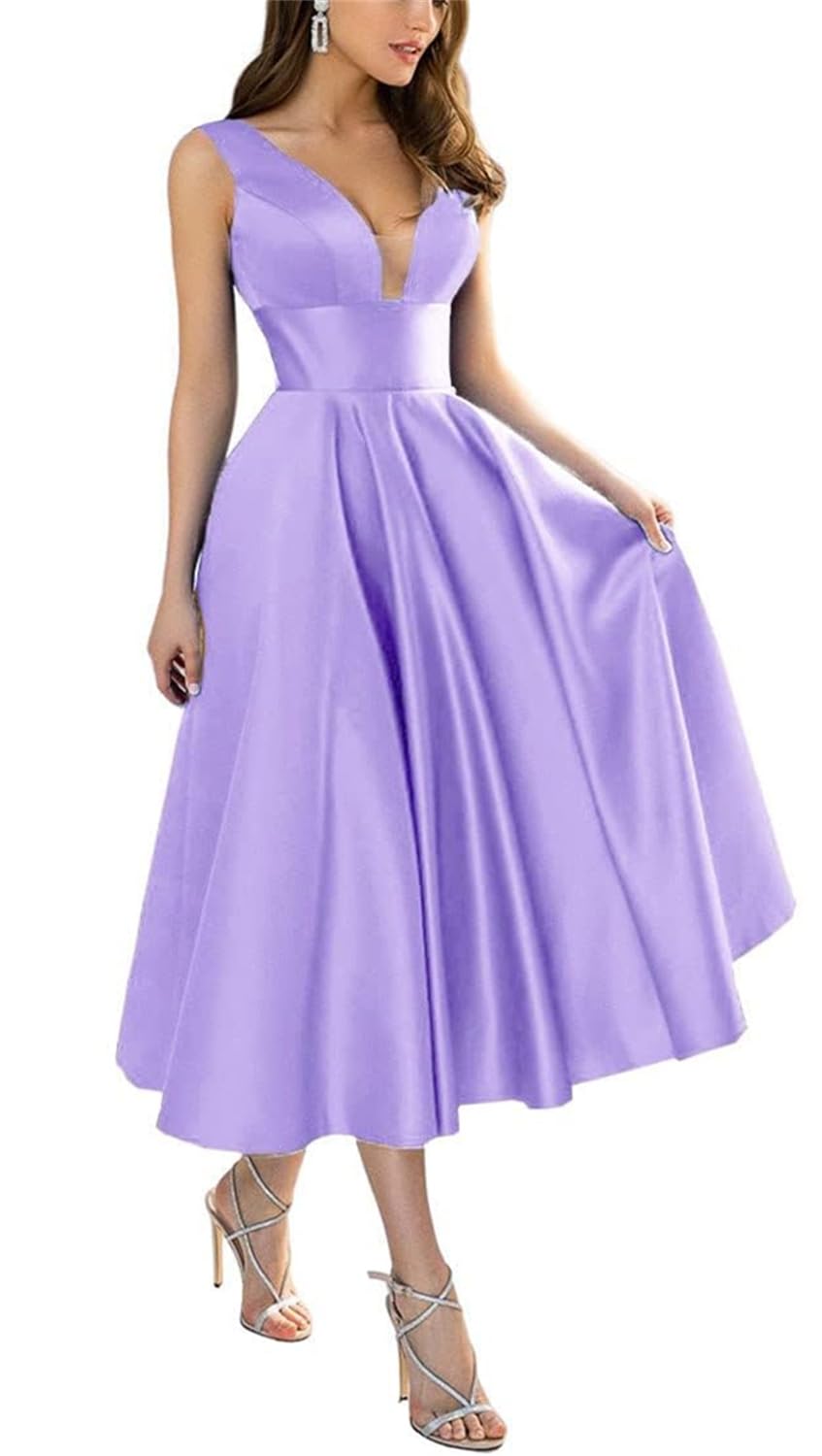 Kurface Women's Lilac Tea Length Satin Prom Dresses 2024 For V Neck A Line Bridesmaid Dress With Pockets Ball Gown Uk20