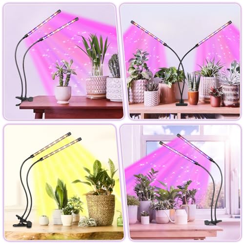 Black 2-Tube Clip-On Grow Light with Red/Blue/Yellow LEDs, Full Spectrum, 6/12/16H Timer, 3 Modes & 10 Dimmable Levels, for Indoor Plants (8W) (1 Pack)