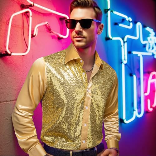 Barry.Wang Mens Disco Shirt Sequins Satin Shiny Metallic Long Sleeve Button Down Shirts 70s Vintage Cocktail Nightclub Rock2