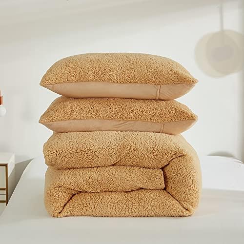 Lanqinglv Teddy Fleece Duvet Cover Set Double Bed Camel Warm Fluffy Cozy Flannel Thick Thermal Winter Bedding Sets with Zipper Closure Fleecy Quilt Cover and 2 Pillowcases 50x75cm