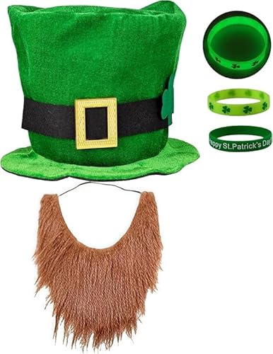 St. Patrick's Day Hat,Shamrock Green Velvet, St. Patrick's Day Costume Hat for Men and Women,Includes Leprechaun Hat and Beard,Irish Leprechaun Party For All Kinds of Masquerade Parties