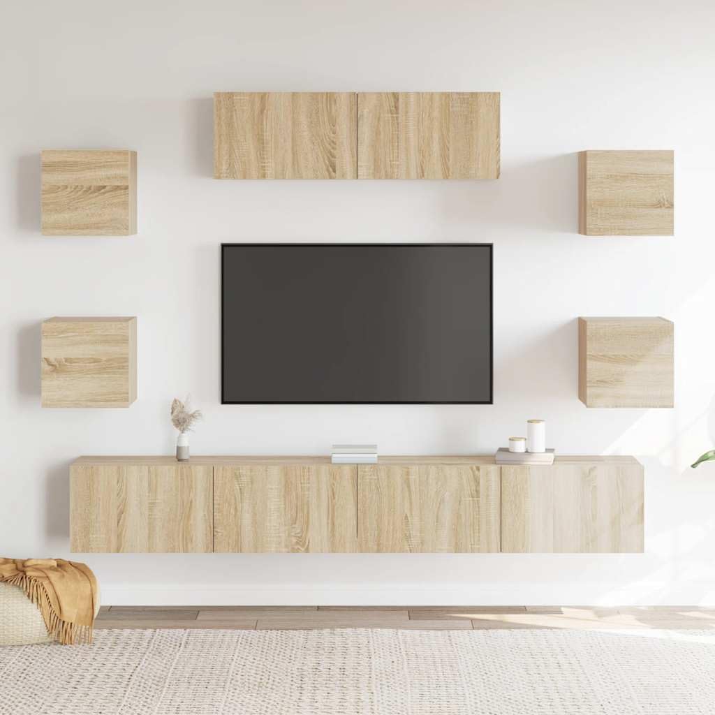 Set di 7 mobili TV a parete in rovere Sonoma