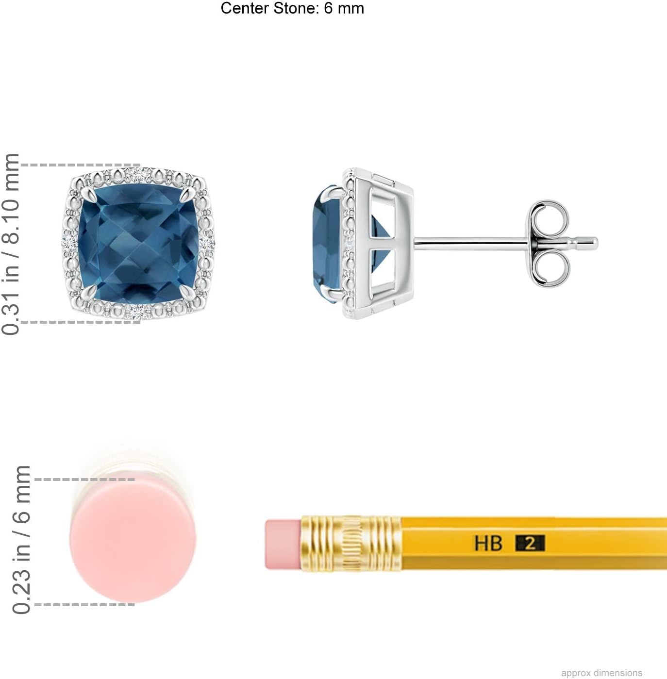 ANGARA - Women's Stud Earrings in 14K Solid Gold/Platinum | Claw-Set Cushion Gemstone Beaded Halo Earrings | Birthday, Anniversary Gemstone Jewelry