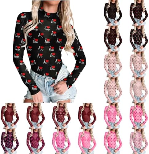 Mesh Long Sleeve Tops for Women Valentine's Day Crew Neck Sexy See Through Tee Shirts Party Club Night Lace Blouse