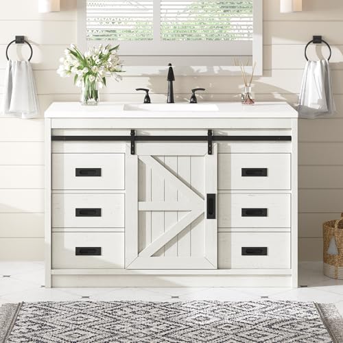 AMERLIFE 48" Farmhouse Freestanding Bathroom Vanity with Sink, Sliding Barn