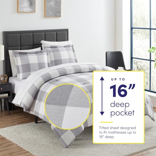 7 Piece Comforter Set Bag Solid Color All Season Soft Down Alternative Blanket & Luxurious Microfiber Bed Sheets, Twin, Checkered Box