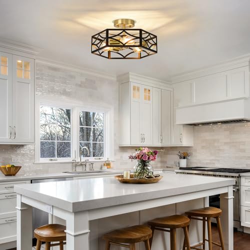 Xvbhta Modern Farmhouse 3-Light Ceiling Light, Black and Gold Metal Semi Flush Mount Ceiling Light, Industrial Close to Ceiling Light Fixture for Kitchen Island, Bedroom, Hallway, Entryway, 14.6 Inch by Xvbhta - Used condition - Image 4