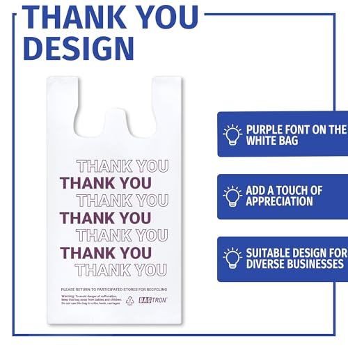Bagtron Thank You T-Shirt Carry-Out Bags, Disposable Plastic Bags with Handles for Shopping and Restaurant, 1/6 Barrel, 0.75 Mils, White/Purple, 12\" x 7\" x 22\" Large, 400 Count - Thumbnail 3