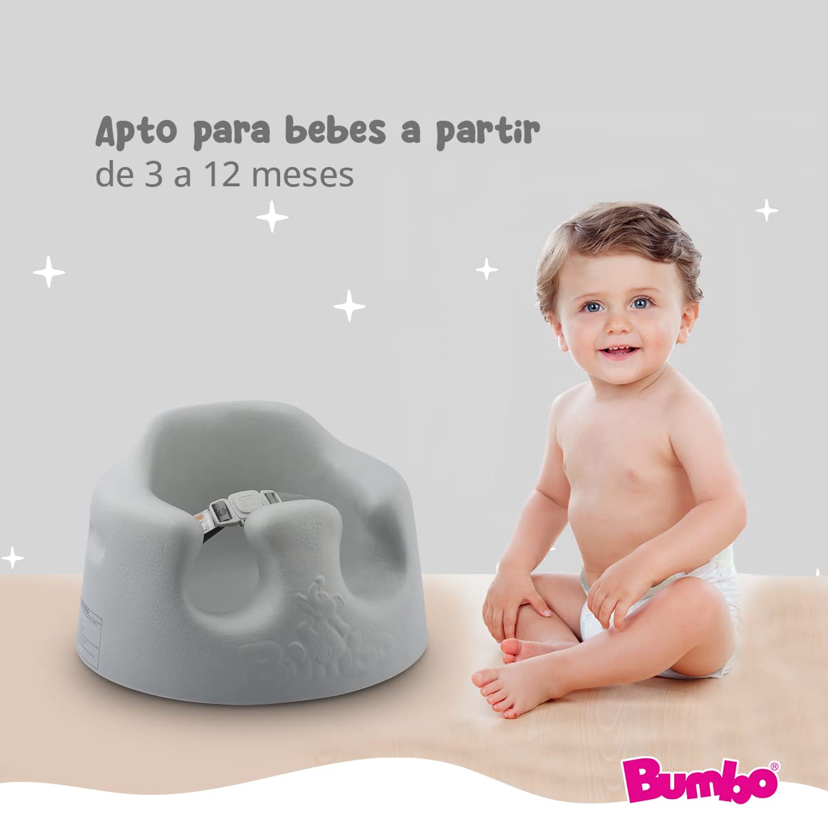 Bumbo Asiento de Suelo para Bebé - Diseño Ergonómico, Fácil de Limpiar, con Arnés de Seguridad - Cómodo y Seguro - Asiento de Apoyo para Bebés de 3 a 12 Meses - Color Gris