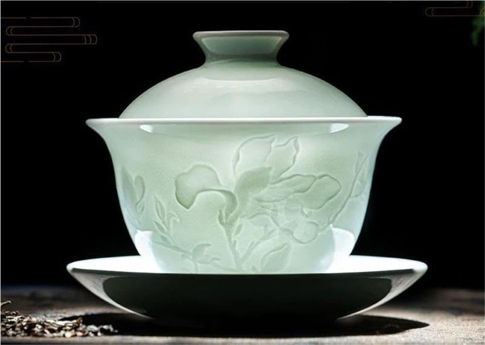 Hand‑Carved Peony Porcelain 3‑Piece Sancai Tea Bowl Set