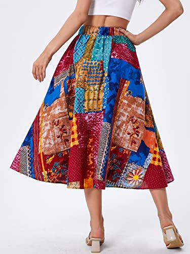 Women's Patchwork Skirt High Waisted A Line Flowy Boho Vintage Midi Skirt2