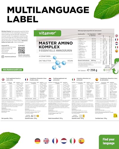 vit4ever Master Aminosäuren Komplex - 240 vegane Amino Tabletten mit 6000 mg pro Tagesdosis mit 13 verschiedenen Aminosäuren (inklusive BCAAs & CO-Faktoren) - EAA Pattern Presslinge