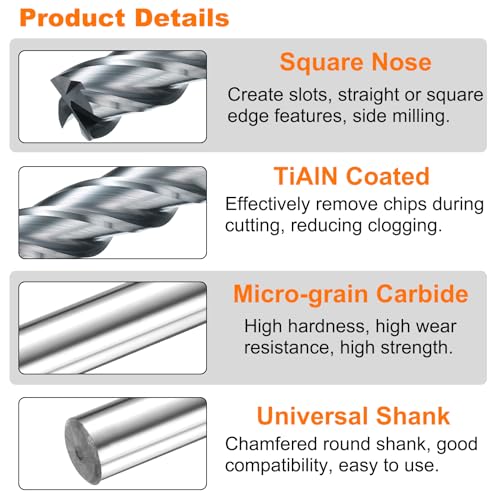 Image of HARFINGTON Carbide Square Nose End Mill Bit 3 /8 inch Cut Dia 4 Flutes TiAlN Coated Milling Cutter for Hardened Steel Metal (3 /8 inch Shank 1-1 /8 inch Cut Length 3 inch Long 30 Degree Helix HRC53-55)