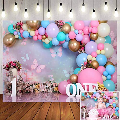 Pink Gold Balloon Girl First Birthday Party Backdrops Sweet One Wonderland Flowers Butterfly Photography Background Birdcage Princess Birthday Backdrops Newborn Baby Shower Cake Smash Banner 7x5ft…