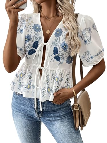 Image of Saklifuo Women's Floral Short Puff Sleeve Blouse Tie Front V Neck Ruffle Peplum Babydoll Tops Fashion Casual Summer Shirt Light Blue