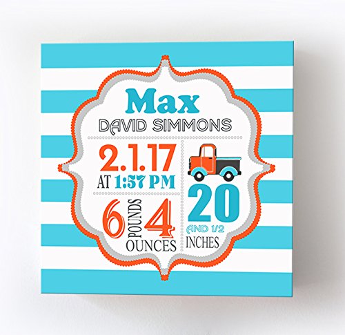 Personalized Stretched Canvas Birth Announcement Gift, Custom Baby Name, Date, Weight Stats, Striped Pickup Truck Nursery Wall Decor, Wooden Frame Construction, Ready to Hang 24X24