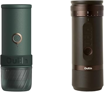 OutIn Mino with Fino, Portable Electric Espresso Machine with Portable Electric Coffee Grinder Green & Brown