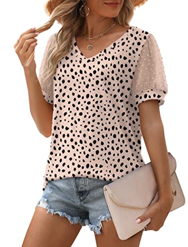Image of Aokosor Womens Summer Tops V Neck T Shirts Swiss Dot Puff Sleeve Tops Loose Casual Tshirts