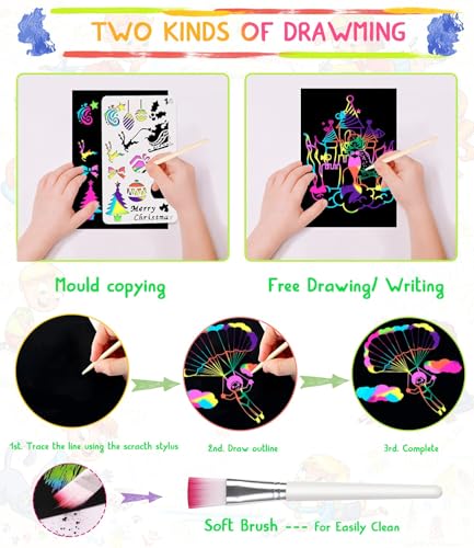 Smarkids Kratzbilder für Kinder, 143 Bastelset Regenbogen Kratzpapier zum Zeichnen und Basteln mit 24 Magic Karten 20 Holzstiften 4 Schablonen Bürste Lesezeichen Bänder Halterung für Jungen Mädchen