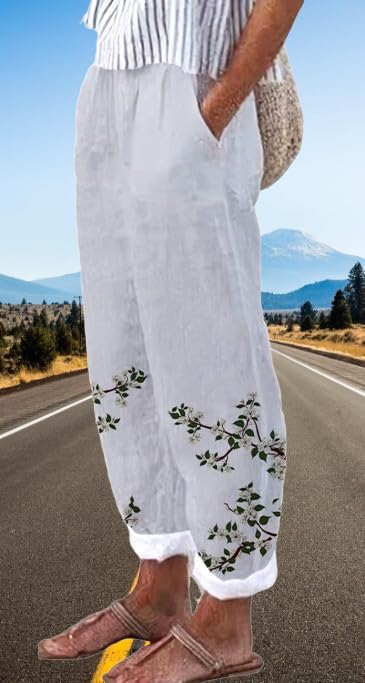 Womens Fashion 2024 Summer Casual Star Printed Palazzo Pants Loose Elastic Waist Cotton Trouser Flowy Leg Pants - Image 3