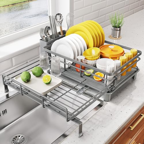 Image of SNTD Dish Drying Rack - Extendable Dish Rack, Large Sink Drying Dish Drainer for Kitchen Counter, Stainless Steel Dish Strainer with Utensil Holder (Grey)