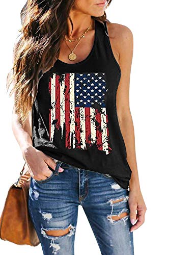 Women's American Flag Soft Jersey Knit Scoop Neck Sleeveless Loose Tank Top (Black, Large) #TOP9