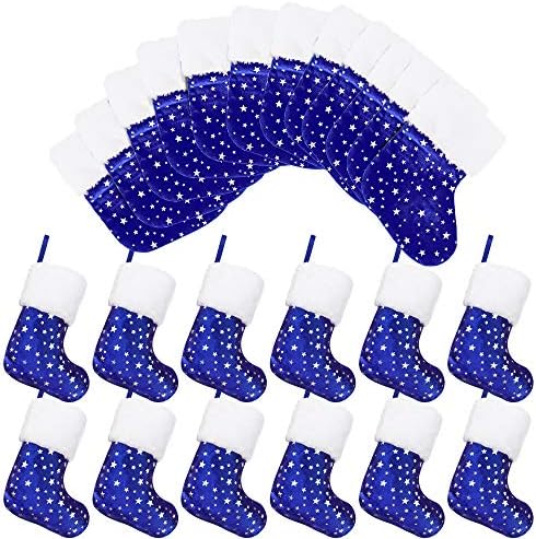 LimBridge Christmas Mini Stockings, 24 Pack 7 inches Glitter Golden Star Print with Plush Cuff, Classic Stocking Decorations for Whole Family, Blue and Silver