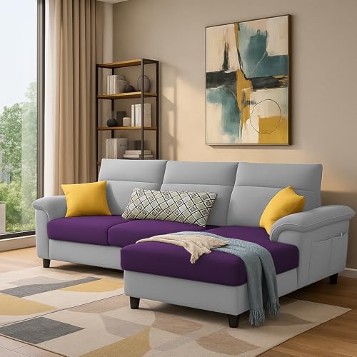 Image of Casaliving Seams RHS 4 Seater L Shape Sofa for Living Room (Purple Grey Fabric) Premium Fabric Sofa