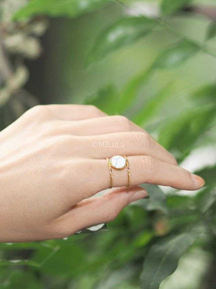 Coin White Simulated Howlite Geometric Stone Double Line Simple Ring - Image 4