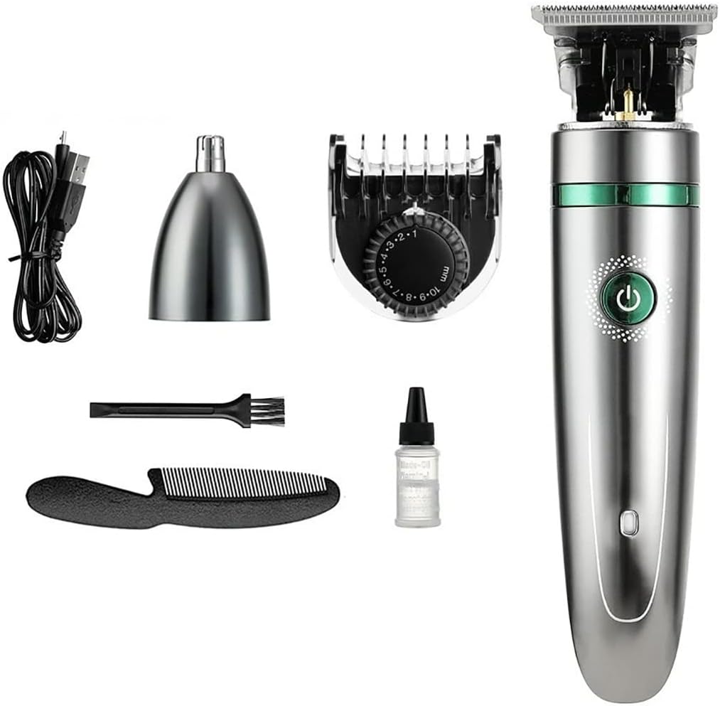 All components of the YUSIWOAL 2-in-1 hair clipper and nose trimmer laid out.