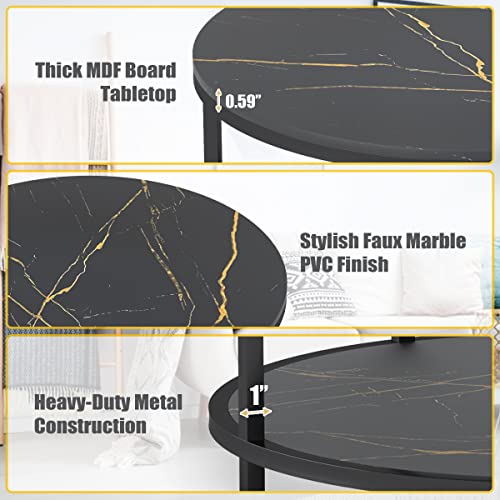 Wiberwi Round Coffee Table Black Coffee Tables For Living Room 35.8" Faux Marble Top Circle Table Furniture Sturdy Metal Frame Legs Cocktail Table With Storage Open Shelf #TOP4