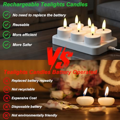 Image of GenSwin Rechargeable Tea Lights Candles with Remote & Charging Base, 6 Pcs LED Tea Lights Candles Battery Operated, Flameless Timer Tealights for Wedding Christmas Halloween Decor (White, 1.57 inchx1.85 inch)