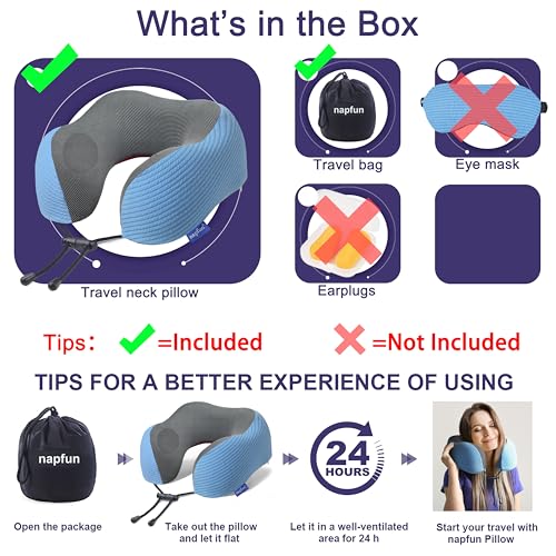 Image of napfun Neck Pillow for Traveling, Upgraded Travel Neck Pillow for Airplane 100% Pure Memory Foam Travel Pillow for Flight Headrest Sleep, Portable Plane Accessories, Sky Blue