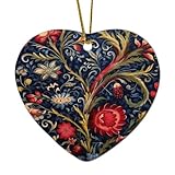 Adornos de Navidad 2024 azul marino floral bohemio porcelana colgante acuarela burdeos flores hoja recuerdo regalo coleccionable para decoración de árbol de Navidad, círculo de cerámica, 3 pulgadas,