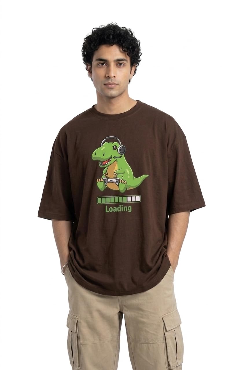 Buy ZENETIX Oversized T-Shirt, Brown, Gamer Dinosaur Loading Front