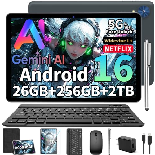 Image of 2026 Android 16 Tablet with Keyboard, Gemini AI 10 Inch Tablet, Black Case | 26GB+256GB+2TB Expand, 2-in-1 Tablets with 8-Core, WiFi, 8000mAh, GMS, GPS, Electronic Tablets PC with Mouse, Case, Stylus