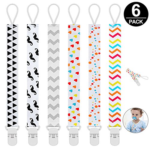 Pacifier Clip for Girl and Boys,Pack of 6 Universal Baby Pacifier Holder Clip Holder Leash for Pacifiers Teething Toy or Soothies,Safety Baby Gift by Mopoin - No Metal Parts