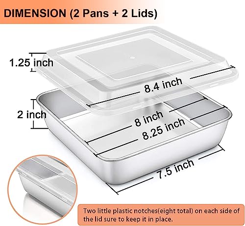 Teamfar Square Cake Pan With Lid(2 Pans & 2 Lids), 8 Inch Stainless Steel Square Baking Pan Cake Brownie Pan With Lid For Meal Prep Storage Transporting Food, Healthy & Durable, Dishwasher Safe #TOP1