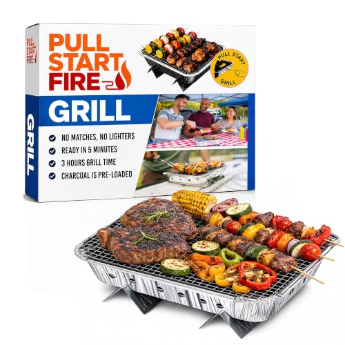 Pull Start Fire Grill - Portable Charcoal Grill with Pull Start Matchless Ignition Single Use Disposable Charcoal BBQ for Camping Tailgating Outdoor Cooking Ready in 5 Min 3 Hour Burn - 1 Pack