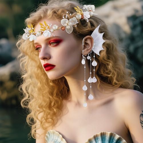 FRESHME Fairy Ear Cuffs with Crown - Elf Ear Cuffs Mermaid Ears Fairy Crown Halloween Costume Renaissance Accessories2