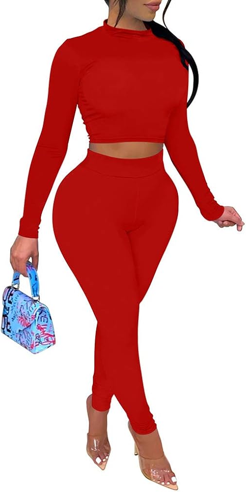 LAGSHIAN Women's Sexy 2 Piece Outfits Jumpsuit Set Long Sleeve Crop Top High Waist Pant