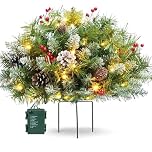Holiday Planter Decorations, Pre-Lit Artificial Christmas Tree Urn Filler, Lighted Holiday Planter Filler with LED Lights, Outdoor Christmas Decoration with Tripod Stake for Porch, Yard, Garden